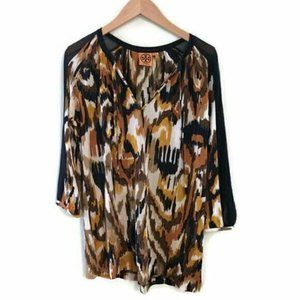TORY BURCH Silk V-neck Aztec print mesh tunic. Tie Neck. Size XS